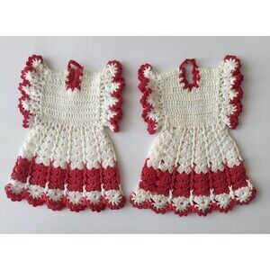 Handmade Crochet Red & White Dresses Hot Pad/Pot Holders Vintage - Set of 2